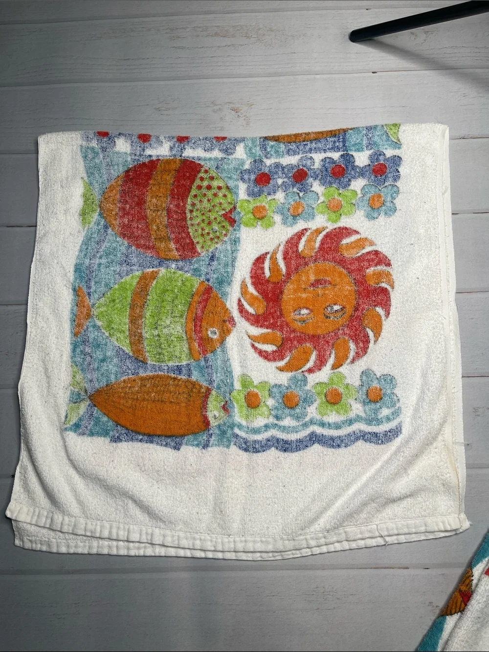 Vintage Beach Towel Pair St Thomas Fish Sun Flowers Celestial Ocean Set 90s 80s